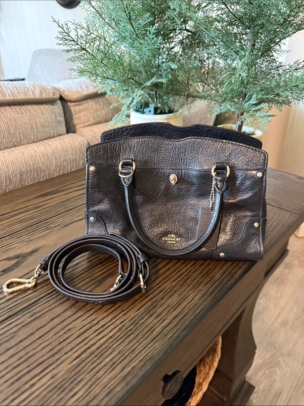 Coach Black Pebbled Leather Satchel with Gold-Tone Accents